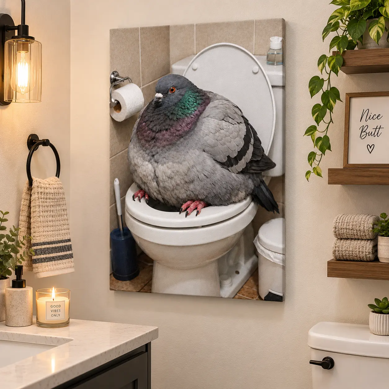 Funny Pigeon Toilet Canvas Wall Art Poster - Animal Memes Graphic Prints, Quirky Retro Vibe Humor Painting, Heavy Bird Creative Wall Art for Bathroom House Decor, Artistic Indoor Decoration Room Accessories, Fun Gift Idea
