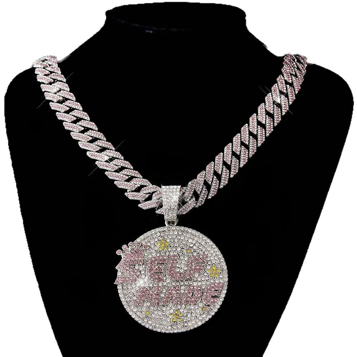 Male Alphabet Letter V Necklace - 15MM Bubble Cuban Link Flex Chunky Chain Jewelry, "Self Made" Rhinestone Shine, Daily Casual Hip Hop Streetwear Fashion Accessory
