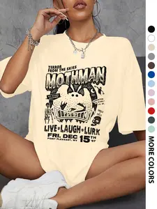 Women's Mothman & Letter Print Round Neck Tee, Vintage Trendy Casual Short Sleeve T-shirt for Daily Wear, Ladies Summer Outfit