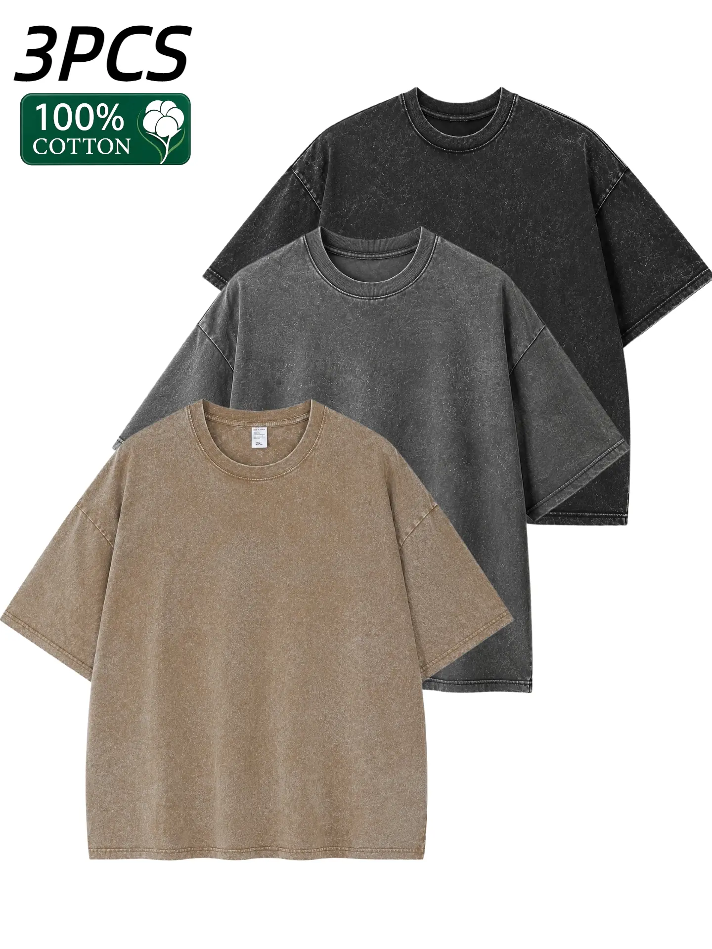 3 Pack Acid Wash Men’s T-Shirt Oversized Cotton T-Shirt Crew Neck Half Short Sleeve Summer Top Casual Loose Fit Solid Streetwear  Crewneck Menswear