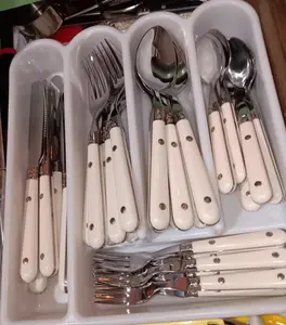 20 Pcs Stainless Steel Flatware Set for 4 with Leather Patterned ABS Handle, White 20 Pcs Stainless Steel Flatware Set for 4 with Leather Patterned ABS Handle, White
