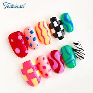 Color Pop Handmade Press-On Nails, Short Square Shape, 10pcs, Dopamine Color Pop Design, Multi-Color Hand Drawn Doodle & Polka Dot Accents, Reusable DIY Nail Kit for Women, Nail Art Diy, Trendy Nails for Spring, Summer, Dates & Daily Wear