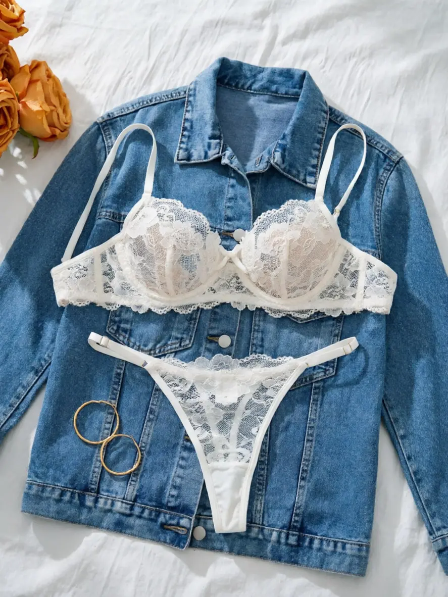 Women's 2-Piece White Lace V-Neck Lace-Up Bra and Thong Set - Comfortable, Stylish Everyday Underwear for Halloween, Chinese New Year, Children's Day