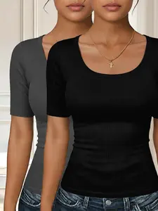 Ribbed U-Neck Short Sleeve T-Shirt 2-Piece Set, Casual Fitted Solid Pattern, Comfortable Daily Wear, Perfect for Summer