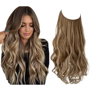 Invisible Wire Hair Extensions - Highlight Balayage Wavy Curly Long Synthetic Hairpiece - Adjustable Headband - No Clip - 18 Inch - Ash Medium Brown/Ash Blonde