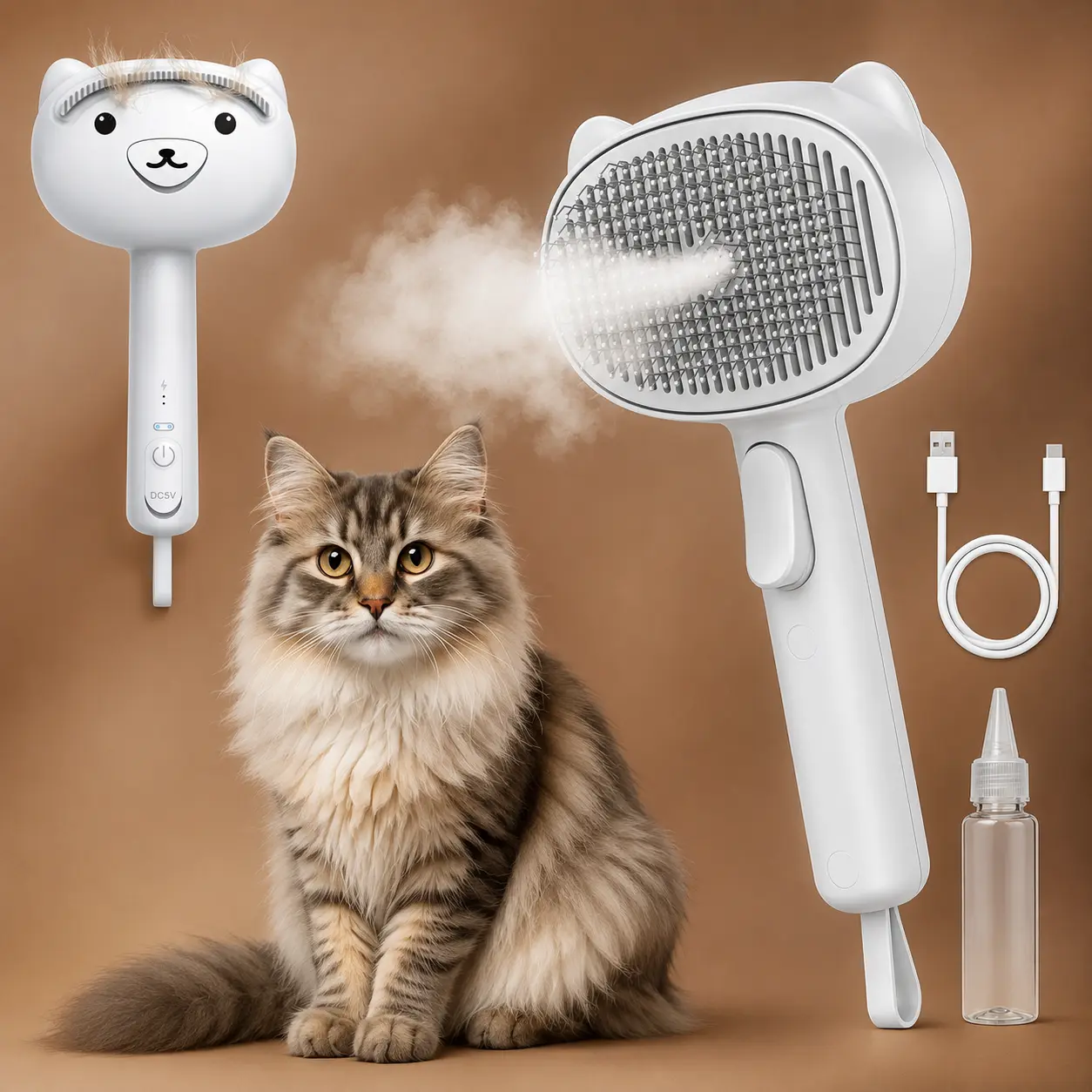 4-in-1 Rechargeable Pet Steam Brush for Cats & Dogs, Self-Cleaning Deshedding Grooming Brush with 2-Speed Mist Spray, Skin-Safe Stainless Steel Pins, Detangling Massage Comb & Silicone Hair Remover for Long & Short Hair, Shedding Season poodle