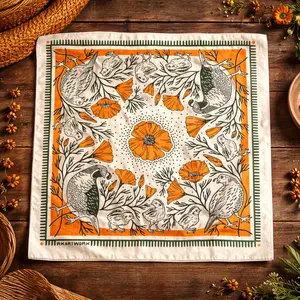 California Quail Bandana – Poppies Floral Cotton Bandana, 100% Cotton Head Scarf, Bird Print Hair Wrap, Nature Inspired