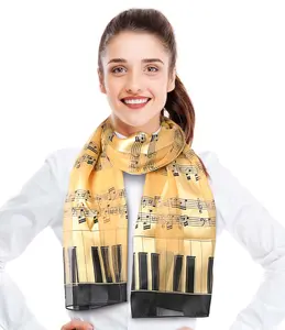 CBC Crown Lightweight Keyboard & Notes Printed Silk Feeling Music Scarf - Gold