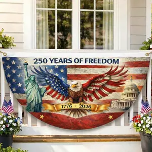 America 250 Years of Freedom Patriotic Polyester Fence Banner, USA 1776–2026 Semiquincentennial American Flag Half Round Bunting, Fourth of July Independence Day Outdoor Yard Fence Decor