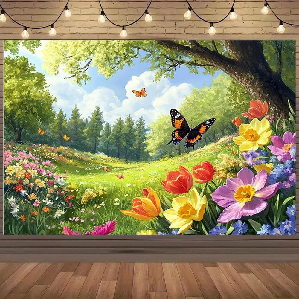 Soft Polyester Multi-Size Tapestry - Vibrant Butterfly, Colorful Tulips, Sunlit Forest Scene, Wall Decor, Photo Prop, Party Backdrop with Soft Texture