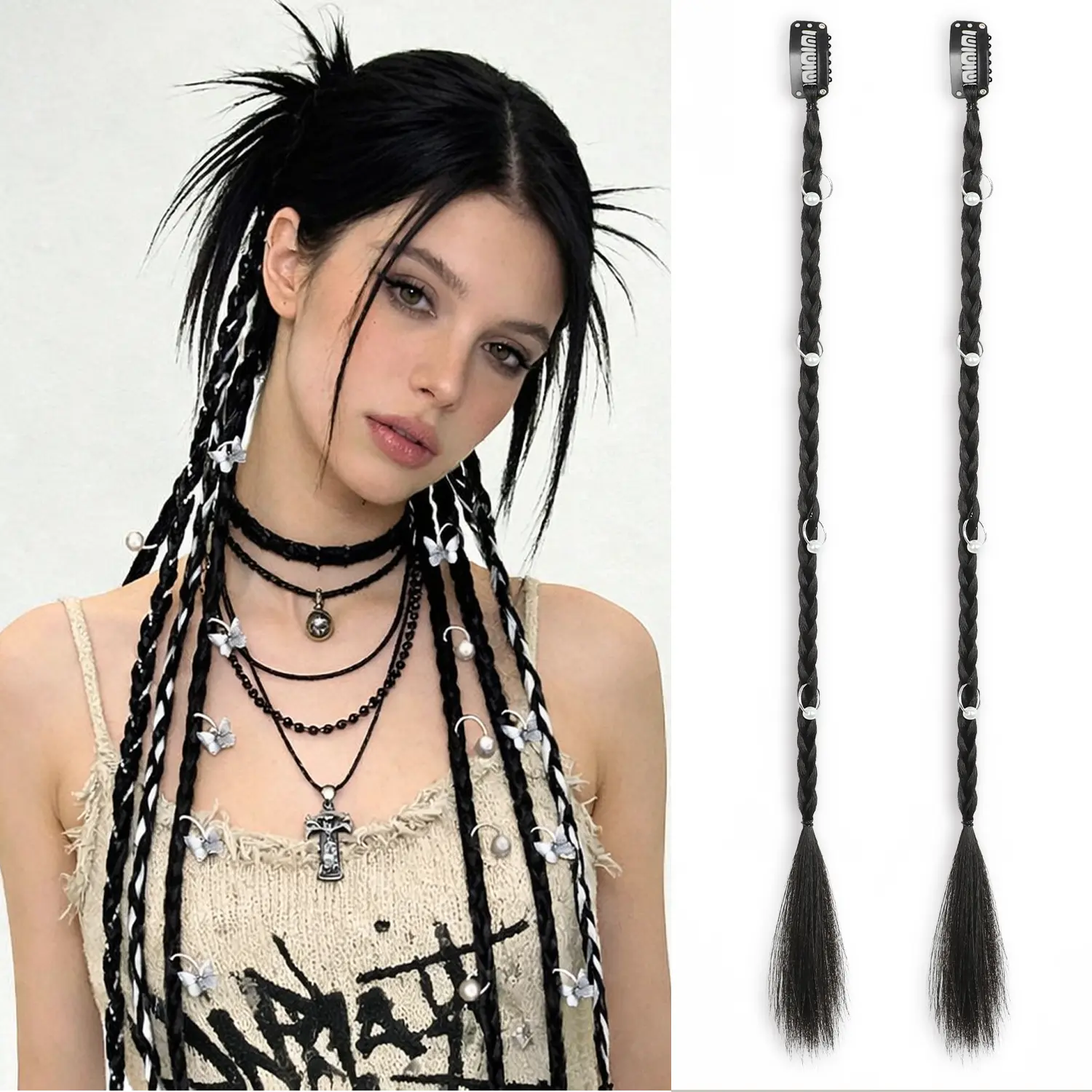 WIGQUEEN Women's 20" Boho Dreadlock Clip-in Braids with Beads & Charms, 2PCS Handmade Braids Hairstyles Hairpieces - Colorful Bead Hair Extensions for Cosplay Daily Styling