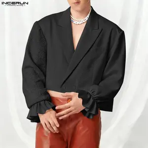 INCERUN Men's Soft Black Fabric Streetwear Suit Spring Cropped Blazer - Asymmetric Sleeves, Ruffle Cuffs, 3D Textured Splicing Short Jacket for Parties