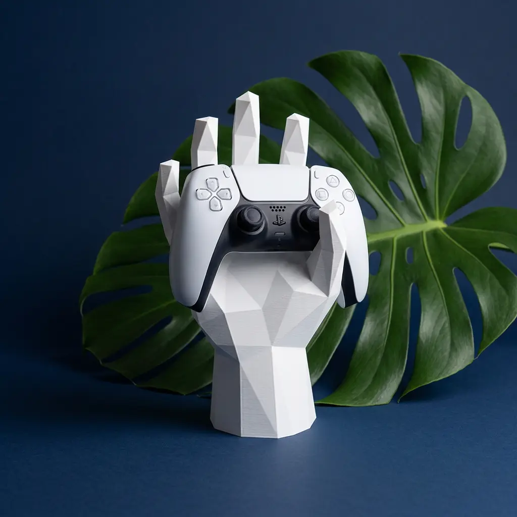 Low Poly Hand Controller Stand - Geometric Desk Display for Gaming, Durable 3D-Printed Controller Holder for PS5 Xbox Switch Pro Controllers, Aesthetic streamer decor, Stable matte finish, White or Black