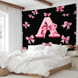 Y2K Pink Ribbon Monogram Letter A Tapestry, Preppy Black Pink Aesthetic Bow Tapestries, Dreamy Coquette Style Wall Hanging Backdrop Decor for Bedroom Dorm Apartment,Party Photo Booth, Trendy Gift for Girls Women
