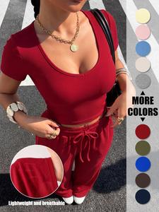 two-piece set women's solid ribbed crop tee & wide leg pants set, casual comfy short sleeve top & trousers for daily wear, ladies two-piece for summer, casual matching set, womenswear