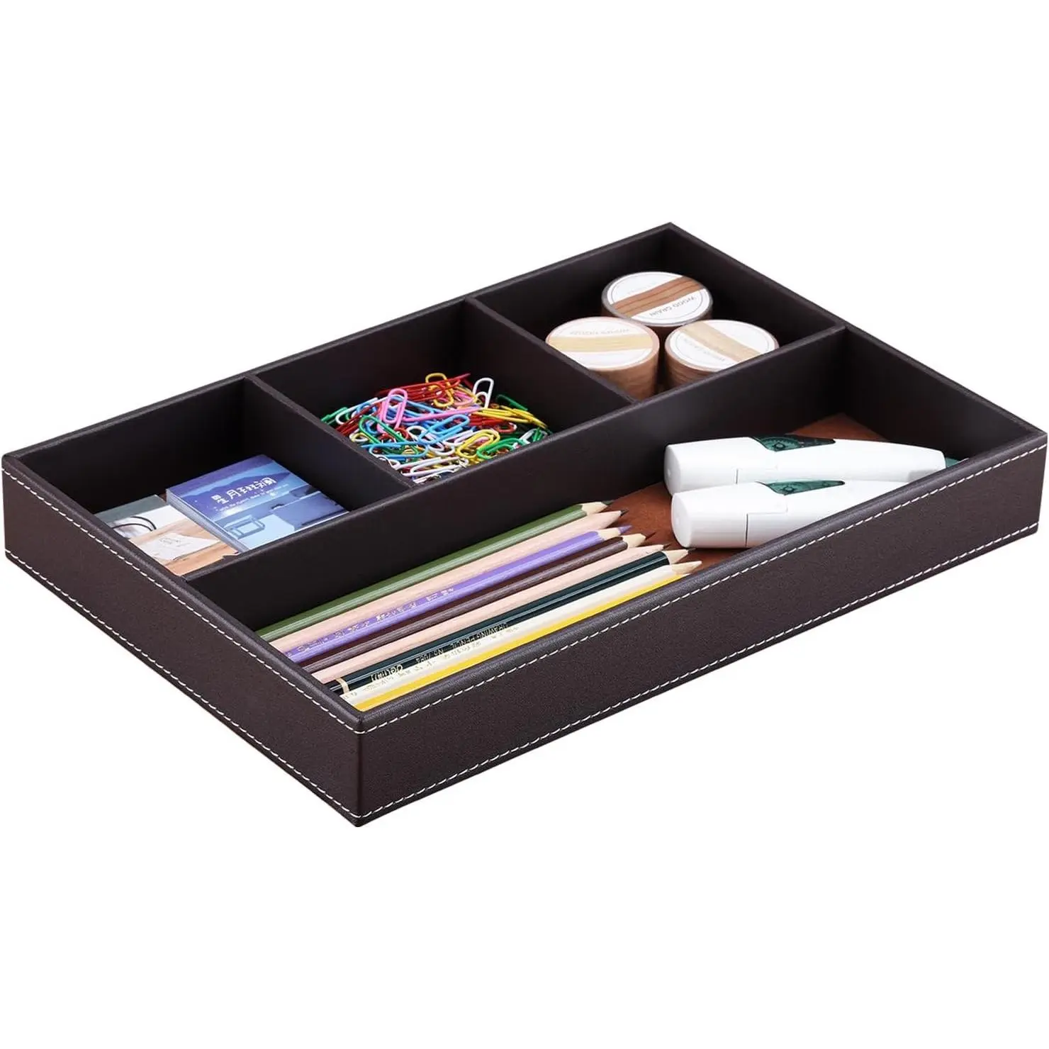 Pu Leather Desk Organizer Tray, 4 Compartment Office Storage Supplies Stationery Drawer Tray, Nightstand Bedside Tray for Key, Wallet, Watch, Coin, Phone Valet Tray Stackable