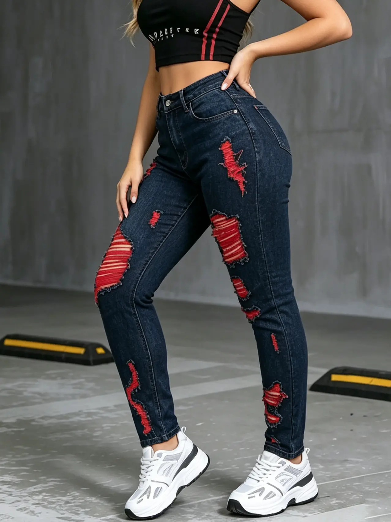 T341 Women Streetwear Whiskered Red‑Patch Multi‑Ripped Skinny Jeans