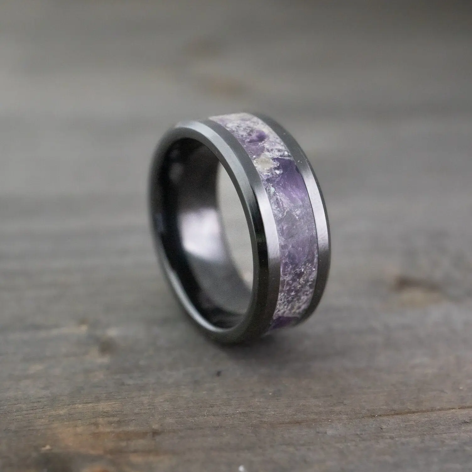 The Revolution, Black ceramic amethyst wedding band, Unisex black ceramic wedding band, Anniversary gift, amethyst stone ring, mens stone wedding ring.