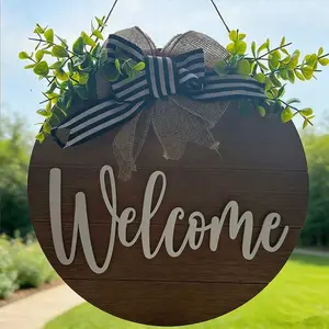 12-Inch 3D Front Door Welcome Sign, Farmhouse Style Porch Decor, Nail Rustic Wreath, Round Wooden Hanging Ornament, Decorative Plaque, Moving Gift, Housewarming Gift, Rustic Farmhouse Design