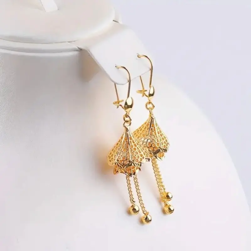 18K Gold Plated Hollow Bell Tassel Earrings
