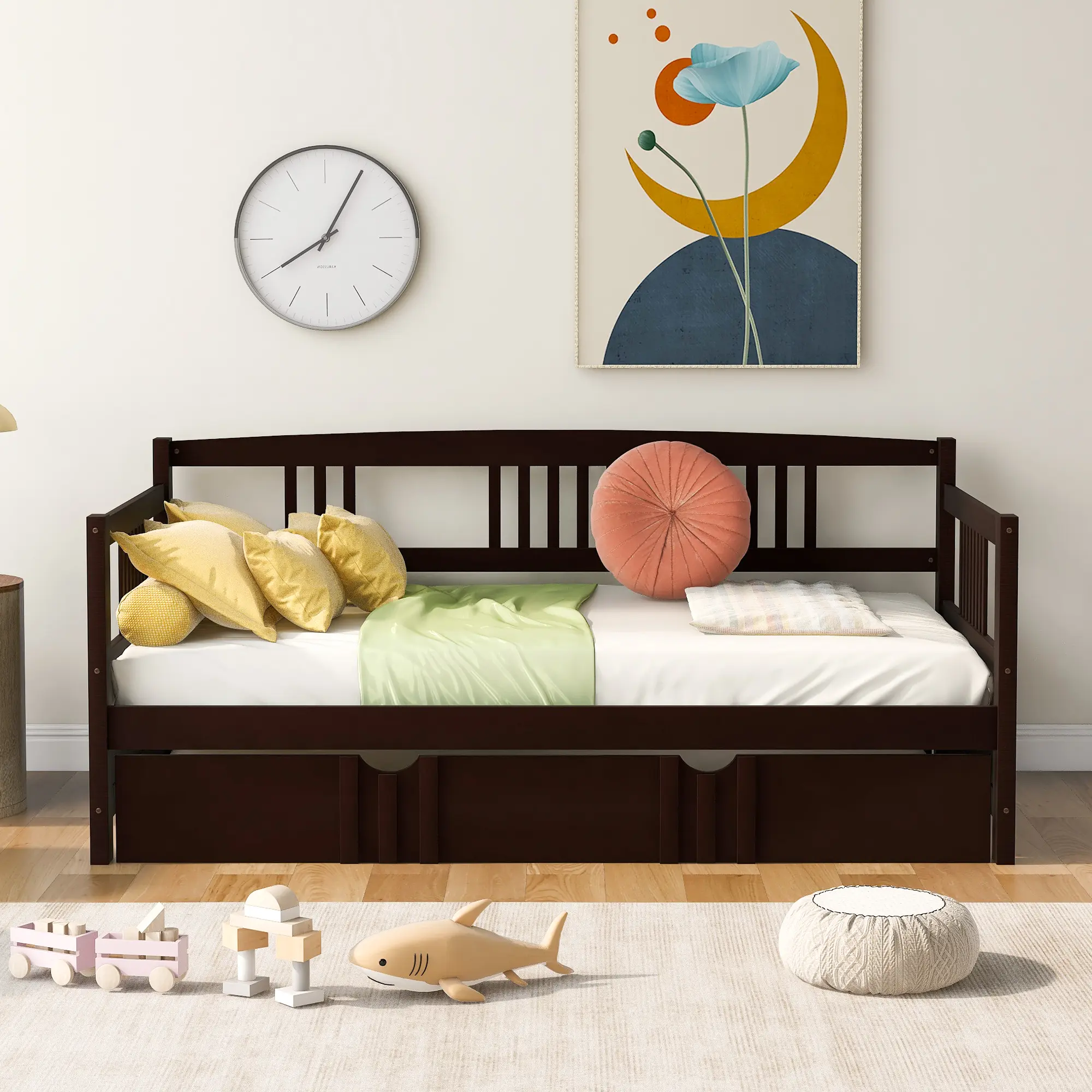 Dreamzon Modern Contemporary Twin Size Wood Daybed - Pull-Out Single 6" Trundle Bed, Espresso Finish, 75" x 39.3" Dimensions, 78.3lbs Weight, Assembly Required