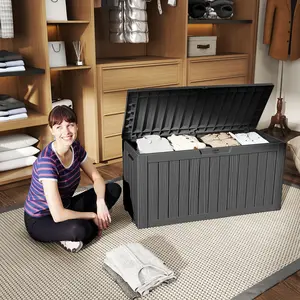 75 Gallon Resin Deck Box, Lockable Patio Outdoor Storage Box for Furniture, Garden Tools and Tools Storage, Waterproof Outside Storage Boxes - Black