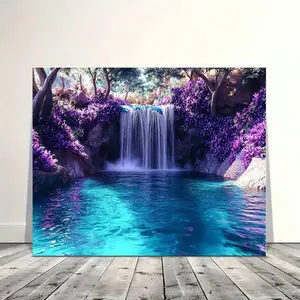 1pc,Enchanting Fantasy Waterfall Canvas Wall Art - Mystical Forest Landscape Print Featuring Vibrant Purple Foliage and Tranquil Blue Water for Aesthetic Home Decor