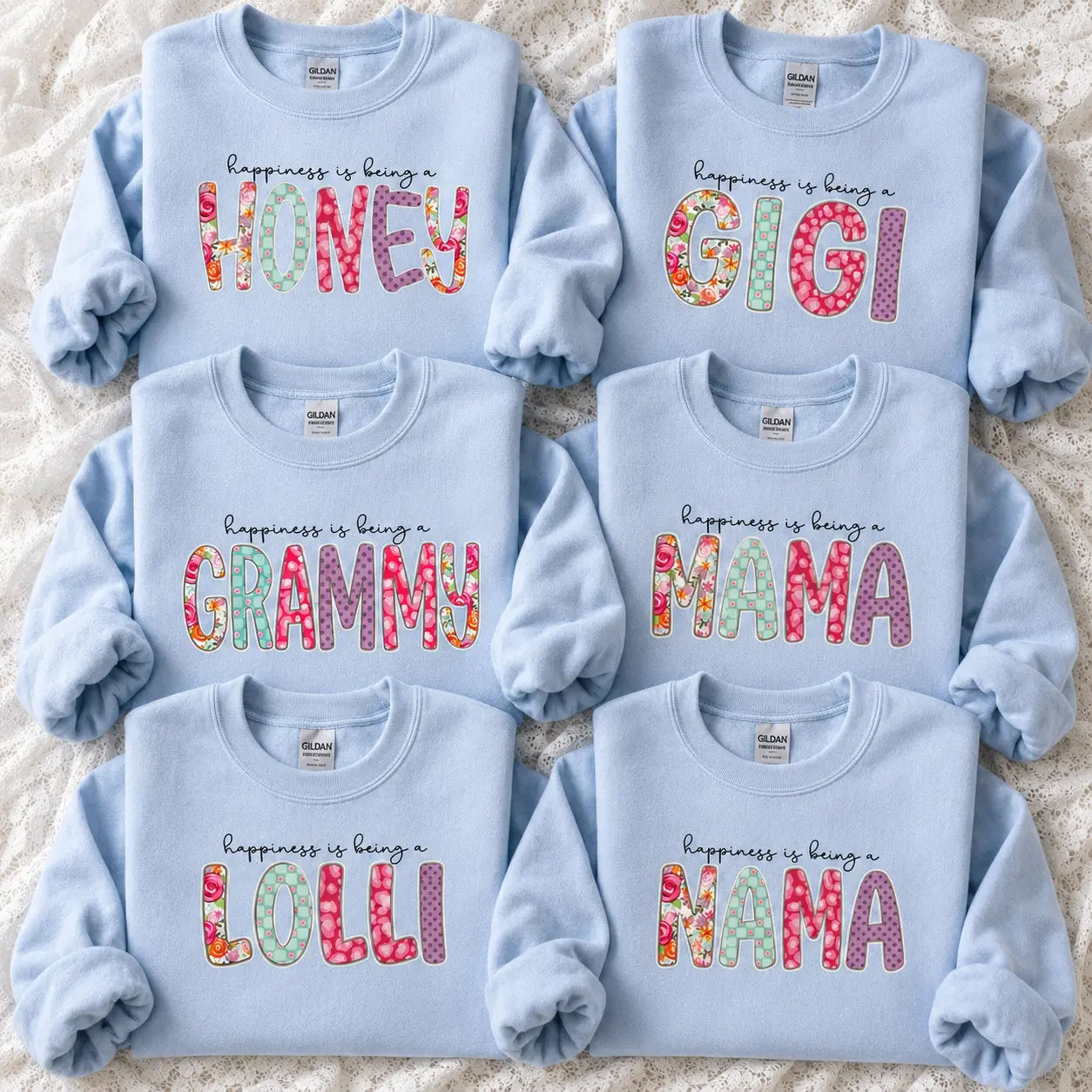 Personalized Grandma Sweatshirt, Happiness Is Being A Honey Gigi Grammy Mama Lolli Floral Crewneck, Cute Blue Grandmother Shirt, Mother’s Day Gift, Birthday Gift for Grandma, New Grandma Family Matching Pullover -DPCLICK