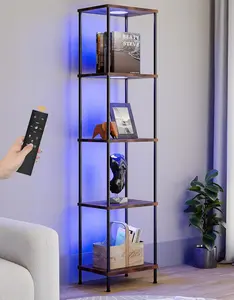 Display Shelf with RGBW Light, Color Changing Curio Cabinet Floor Lamp with Shelves Corner Standing Column Lamp Etagere Organizer Tower Nightstand Bookcase for Living Room Bedroom Office Décor, Brown