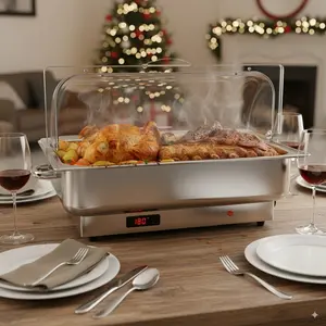 9QT Electric Chafing Dish Set - Roll Top Stainless Steel Full-Size Chafer with Transparent Lid for Catering & Food Serving