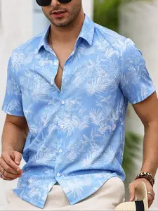 Men's Summer Tropical Plant Palm Tree Graphic Print Short Sleeve Casual Shirt, Fitted Style, Perfect for Vacation, Menswear