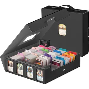 3200+ Trading Card Storage Box with Commander Display, 4-Row Card Deck Box with Portable Handle, Compatible for TCG/MTG/Magic Cards, 30 Colorful Divider, 8 Supporters, 1 Dice Tray (Black & Grey)