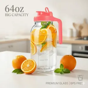 64oz Glass Pitcher with Lid, 2 Quart Mason Jar Pitchers with Lid and Spout, Wide Mouth Breast Milk Pitcher Glass Jug Sun Tea Pitchers, Cold Brew Coffee pitcher, Fridge Container for Water, Juice, Tea