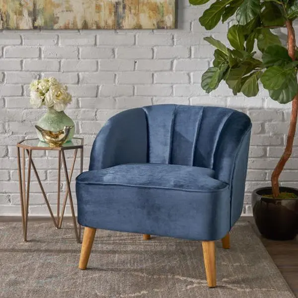Mid Century Modern Accent Chair, Upholstered Living Room Chairs Armchair for Bedroom, Comfy Reading Accent Chairs with Wood Legs for Living Room, Navy Blue