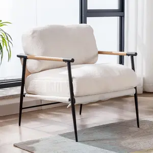 Accent Chair, Boucle Arm Chair Living Room Chair with Metal Frame, Reading Accent Chair, Modern Bedroom Chair, Boucle Armchair with Wooden Arms