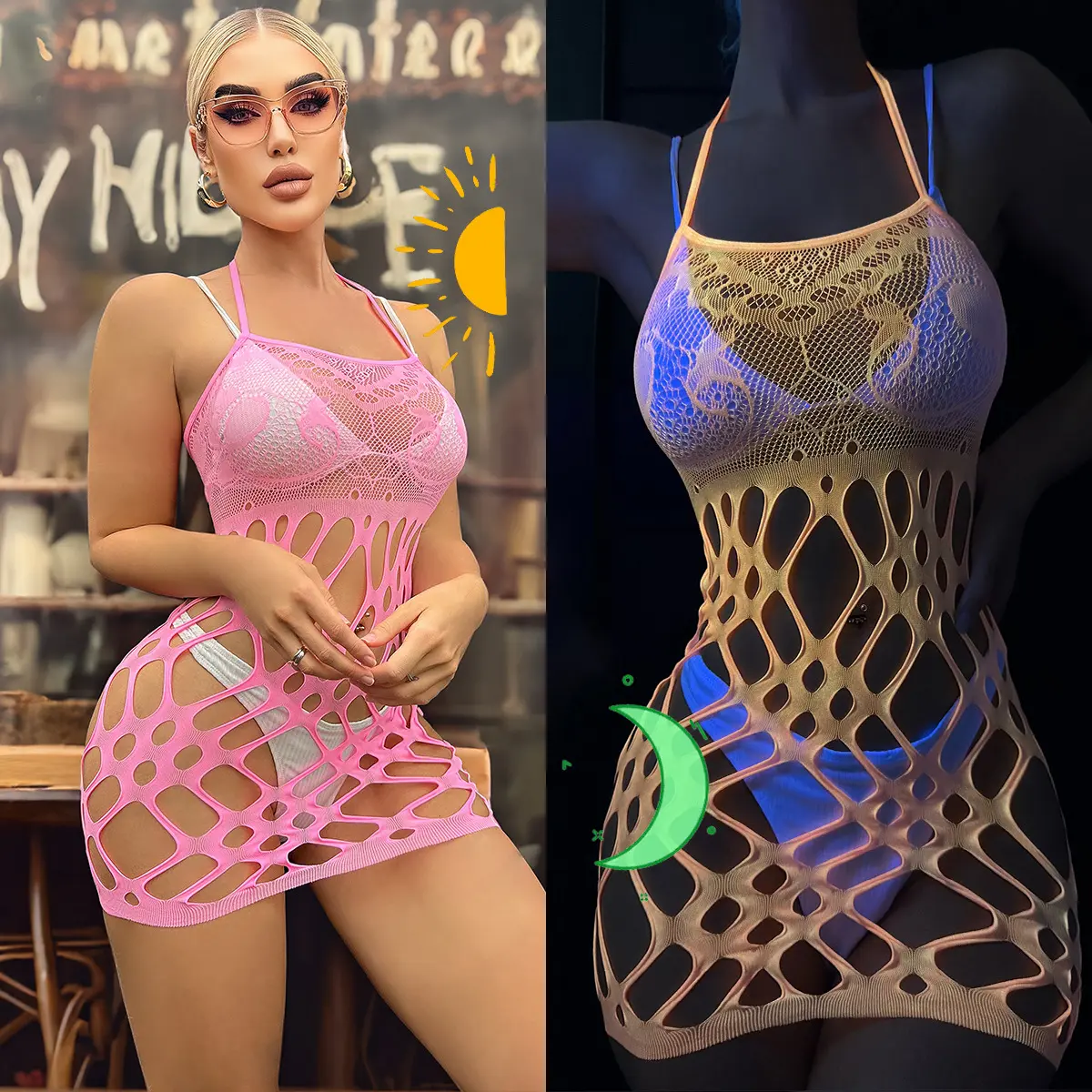 Women’s Neon Pink Glow Mesh Fishnet Bodysuit, Strappy Cutout One Piece Festival Layering Outfit