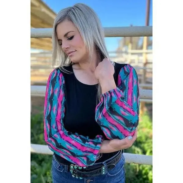 Women's Casual Modal-Spandex Blouse Shirt with Sheer Bubble Long Sleeves, Flare Cuffs and Turquoise & Pink Print, Sleeve, Turquoise Print, Flared, Modal Blend, Balloon Sleeve