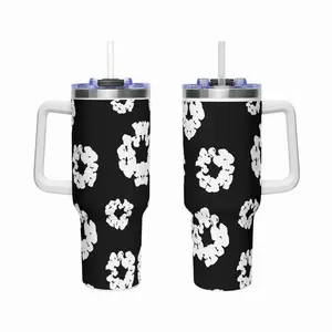 40oz Tumbler with Handle and Straw, Denim Tears Cotton Wreath Inspired Print, Insulated Stainless Steel Travel Mug, Double Wall Vacuum Flask for Hot & Cold Drinks, Large Capacity Water Bottle, White & Black Floral Design