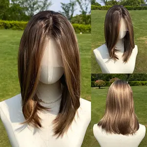 SMILCO/18nch Highlight Dark Brown 13*4 Free Part Lace Front Medium Straight Synthetic Wig/SM9896