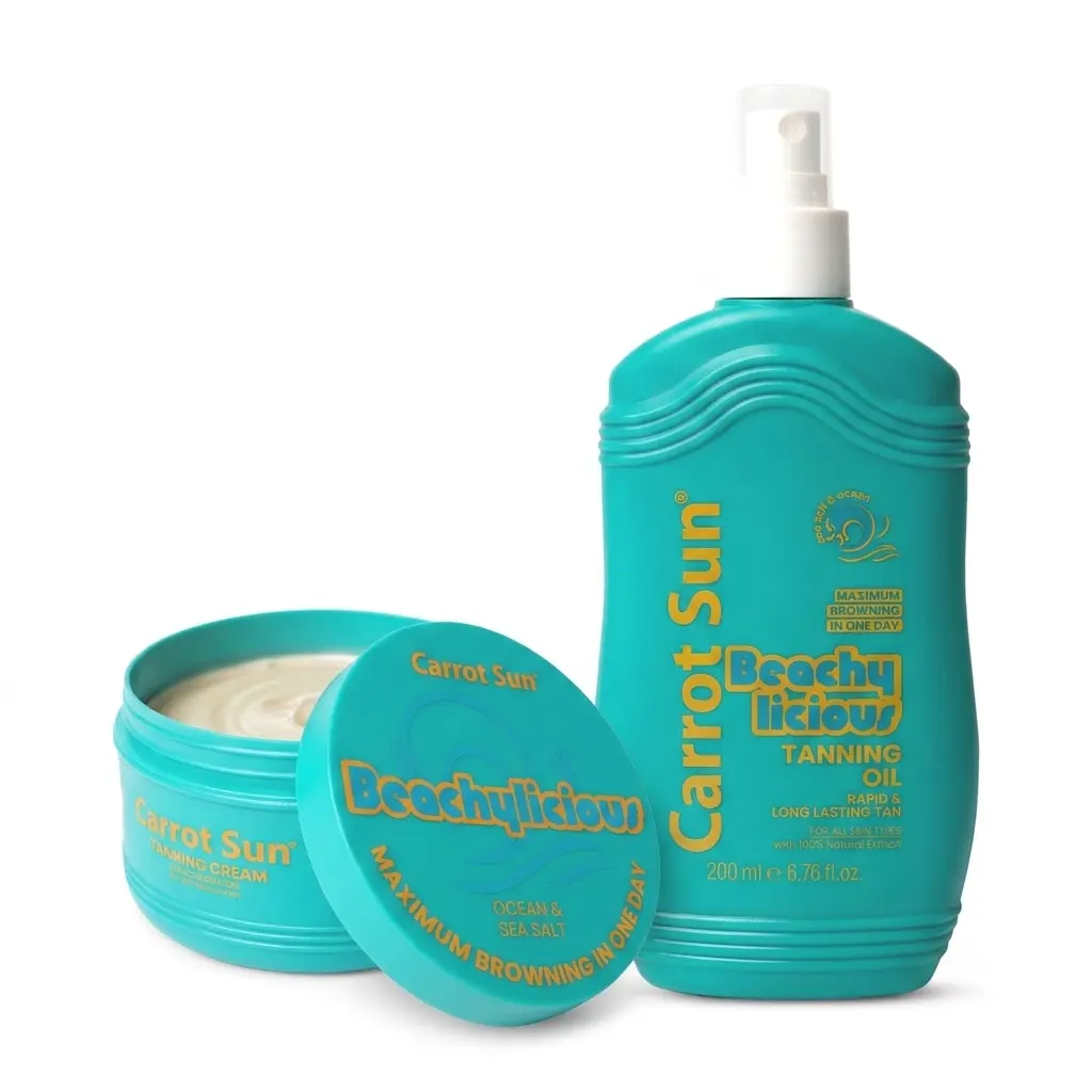 Carrot Sun Beachylicious Bundle - Body Care Tanning Oil (200ml), Moisturizing Tanning Cream (350ml) with Scent, Aroma