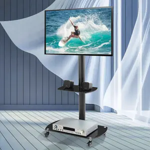 Height and Angle Adjustable Multi-Function Tempered Glass Metal Frame Floor With Lockable Wheels Mobile TV Stand LCD/Plasma TV bracket 2 Tier Tempered Glass Shelves For Multiple Media Devices