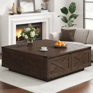 47” Farmhouse Square Coffee Table with 4 Drawers Extra Large Coffee Table with Storage Wooden Large Coffee Tables for Living Room Square Center Table for Home Office mothersdaygift Brown/Natural