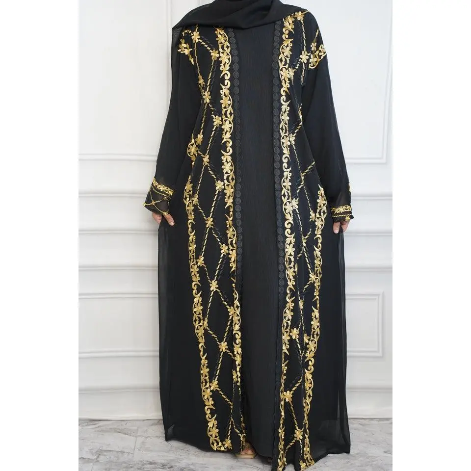 Embroidered 3-piece Abaya Set is the perfect statement piece for any occasion. Featuring beautiful embroidery on the front and back, this full set comes with  Matching Hijab  Inner Dress  Embroidered Open Abaya