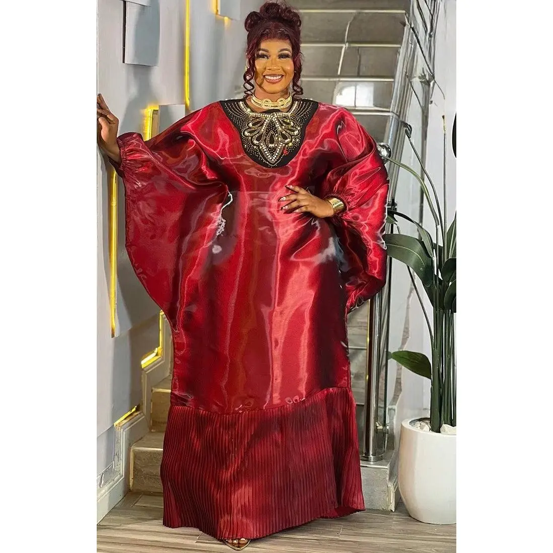 Luxury Burgundy Liquid Organza Beaded Embellished Pleated Kaftan Maxi Dress for Mother of The Bride Photoshoot Birthday Party Church Anniversary African Bubu Gown Wedding Guest Outfit