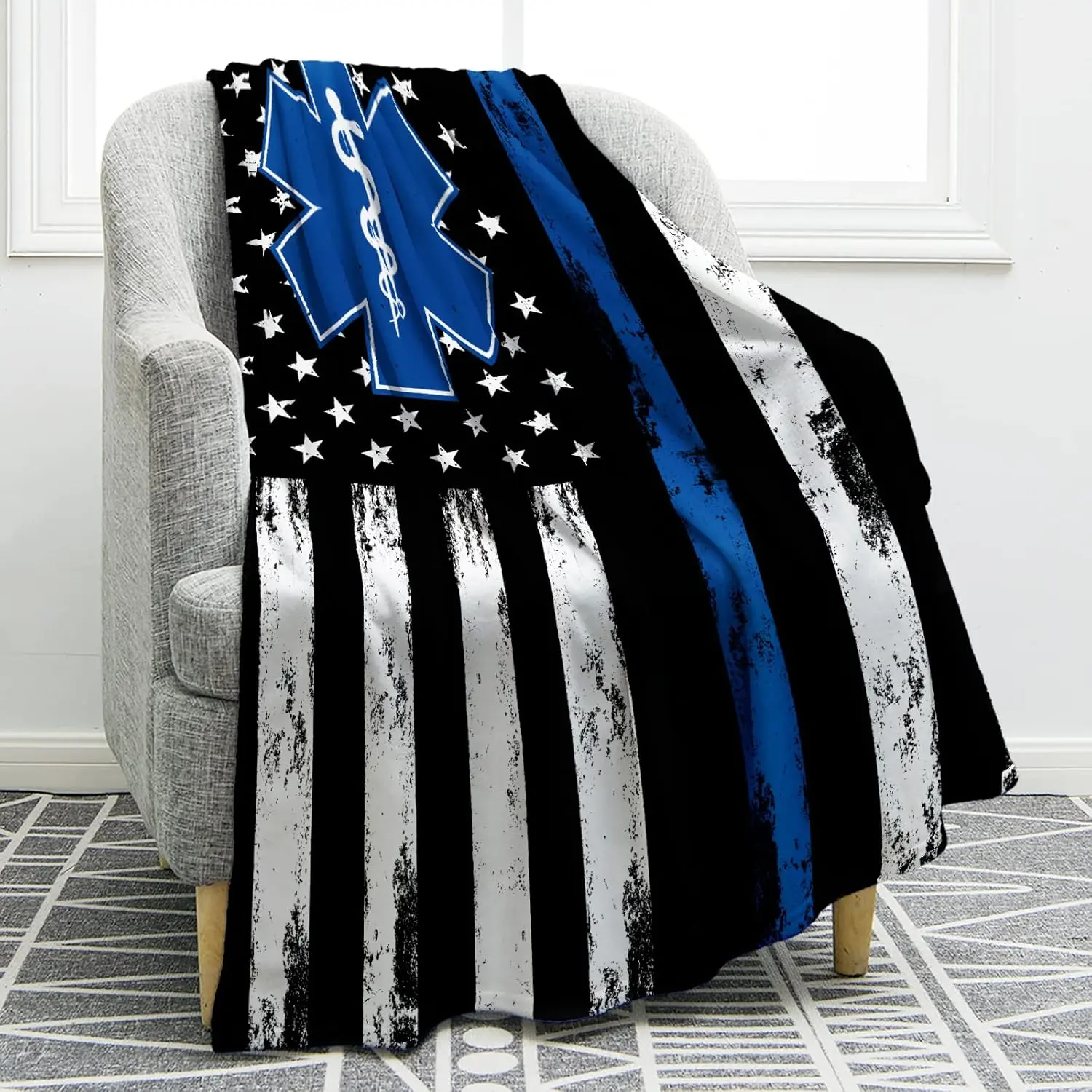 EMS/EMT Blanket Gifts for Men Boy Dad Husband Son Friend Adult with Thin Blue Line Star of Life Blankets Home Bedroom Living Room Decor Soft Cozy Lightweight Plush Throw Blankets