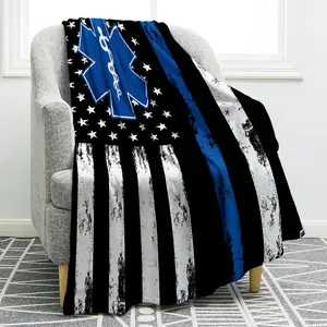 EMS/EMT Blanket Gifts for Men Boy Dad Husband Son Friend Adult with Thin Blue Line Star of Life Blankets Home Bedroom Living Room Decor Soft Cozy Lightweight Plush Throw Blankets