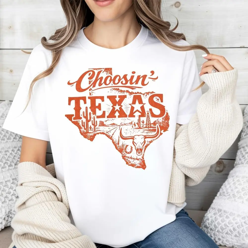 Choosin Texas Print Graphic, Raglan Long-Sleeved T-Shirt, Western State Pride Theme, Casual Daily Wear And Travel Outfit