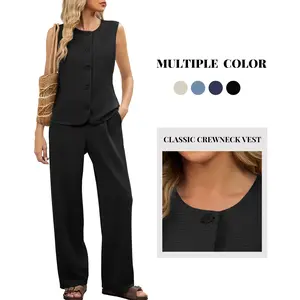 Casly Lamiit Womens 2 Piece Outfits Business Casual Crewneck Button Down Vest Wide Leg Pant Sets Office Work Clothes