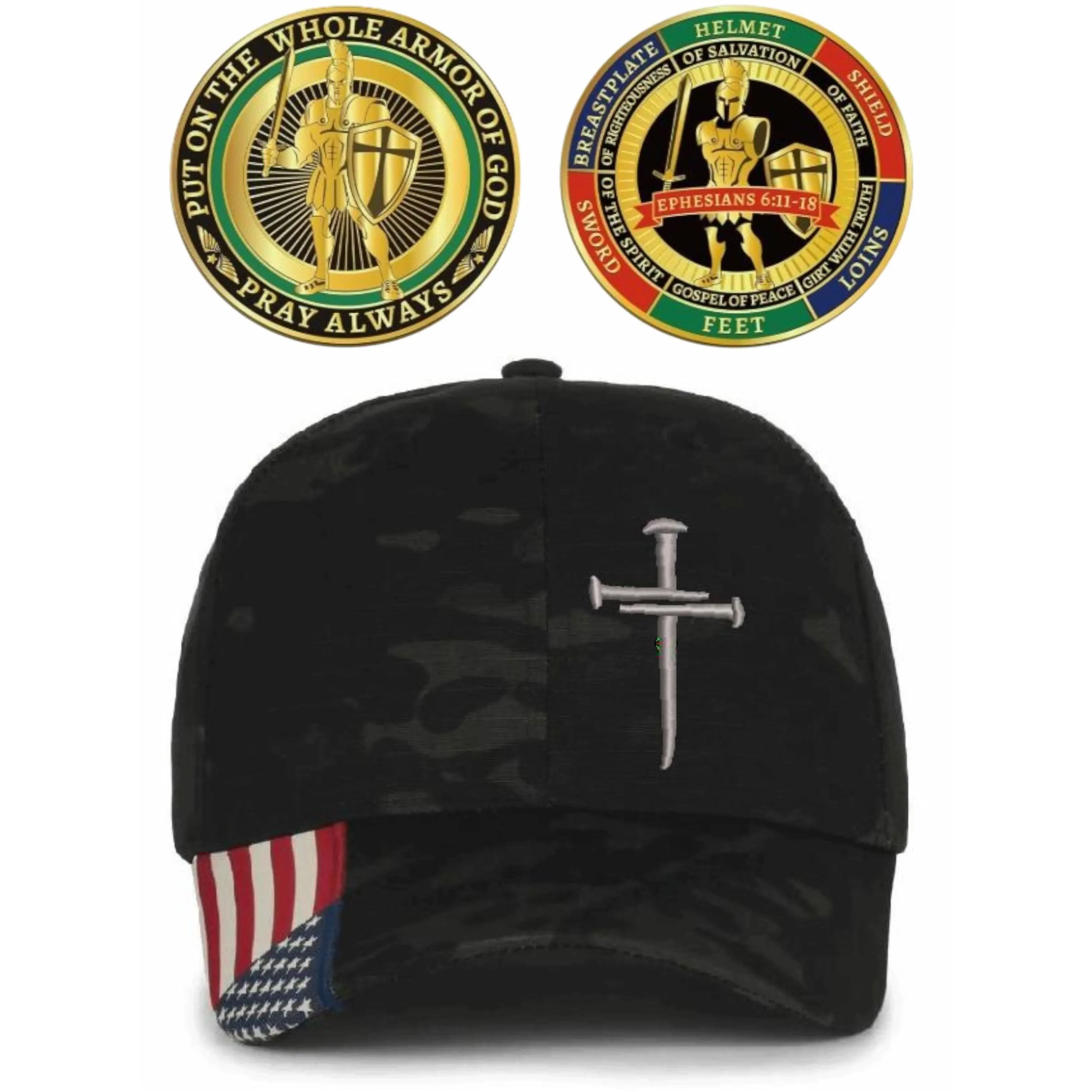 Christian Cross Cross MultiCam Black Adjustable Hat with USA Flag Brim and Full Armor of God Challenge Coin
