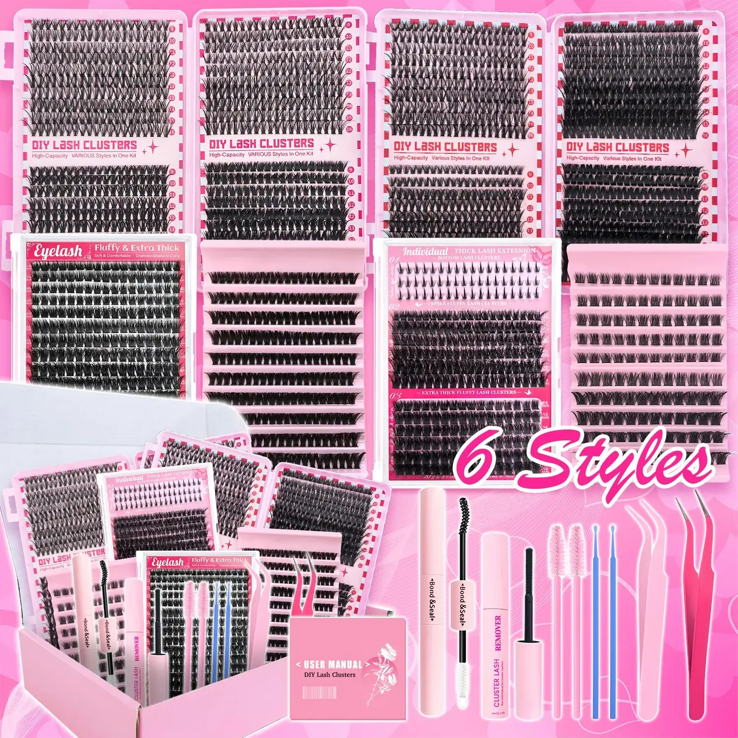 DIY Eyelash Extensions Kit with Fluffy & Weightless Cluster Lashes, Ultra-Thin Band, Includes Bond, Seal, and Remover, Beginner-Friendly Set for Women, Eyelashes Extensions, Lash Cluster, Clusters Lashes